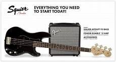 Fender Squier Affinity Series™ PrecisiOn Bass® PJ Pack, Laurel Fingerboard, Black, Gig Bag, Rumble 15 комплект: бас-гитара, чехол и комбо