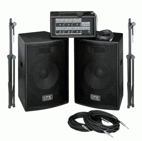 Soundking ZH0602D12LS комплект АС+микшер(2х150W, 12'', 6 кан, проц. эфф.)+стойки+коммутац.