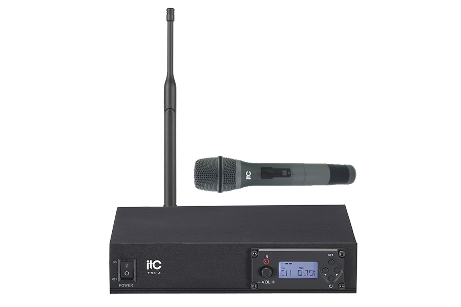 ITC T-531A радиосистема , UHF одноканальная радиосистема начального уровня, с одним ручными микрофоном. LCD дисплей. Частотный диапазон 470-510 MHz.