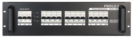 Imlight PWD 12-3 (V) блок распределения питания, 12 каналов по 16А, вводной автомат 3п63А, автоматы SCHRack, монтаж на стену