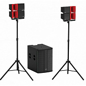 ECO Flamenco set звукоусилительный комплект в составе: 4 широкополосные системы, 1 сабвуфер, с  3-канальным усилительным модулем с аудиопроигрывателем, 2 стойки-треноги, монтажный и коммутационный наборы. Поставляется в 3 коробках.