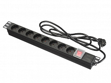 AVCLINK LX-PDU07 блок силовых розеток с выключателем, 8 розеток Schuko (16A), металлический корпус черного цвета, 19", шнур 2 м., 1U