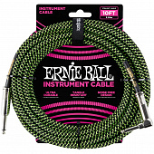 Ernie Ball 6077 кабель инструментальный, оплетёный, 3,05 м, прямой/угловой джеки, чёрно-зелёный.