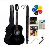 Terris TC-BK Starter Pack  набор начинающего гитариста, классическая гитара черного цвета и комплект аксессуаров