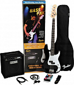 Fender SQUIER AFFINITY P-BASS&RUMBLE 15 AMP - BLACK набор бас-гитара Affinity P Bass®, цвет черный, корпус агатис, гриф клен, профиль С, накладка палисандр, 21 лад медиум джамбо, фурнитура хром усилитель Rumble™ 15 Amp, тюнер, кабель, наушники, ремень,...